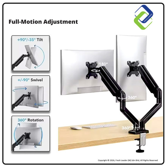 Dual Monitor Gas Spring Arm Mount 17–32 Inch | Heavy Duty Adjustable Desk Monitor Stand (2–10kg)