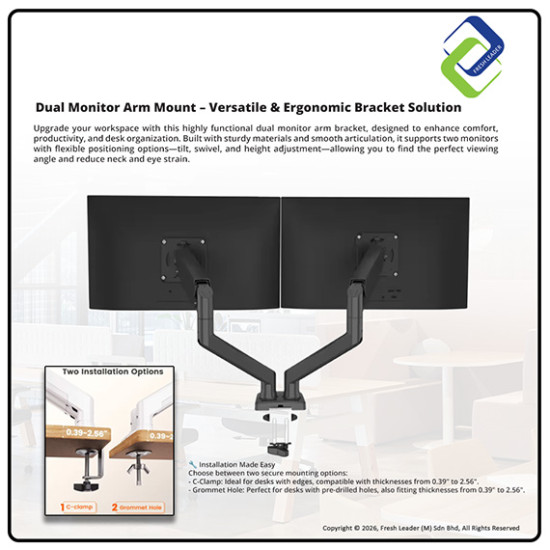 Dual Monitor Gas Spring Arm Mount 17–32 Inch | Heavy Duty Adjustable Desk Monitor Stand (2–10kg)
