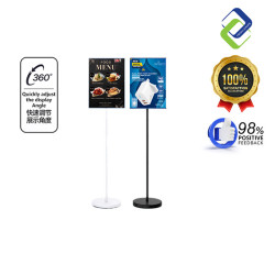 A4 Frameless Sign Display Stand with Round Base – White and Black Freestanding Poster Holder for Retail & Events