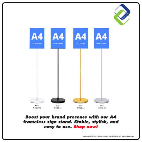 A4 Frameless Sign Display Stand with Round Base – White and Black Freestanding Poster Holder for Retail & Events A4 Frameless Sign Display Stand with Round Base – White and Black Freestanding Poster Holder for Retail & Events