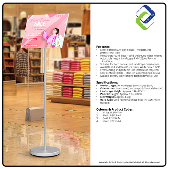 A4 Frameless Sign Display Stand with Round Base – Gold and Silver Freestanding Poster Holder for Retail & Events A4 Frameless Sign Display Stand with Round Base – Gold and Silver Freestanding Poster Holder for Retail & Events