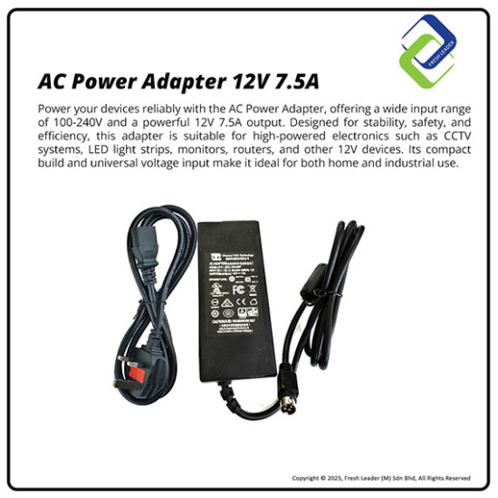 12V 7.5A AC Power Adapter with 4-Pin DIN Plug – Includes UK 3-Pin C13 Power Cord 