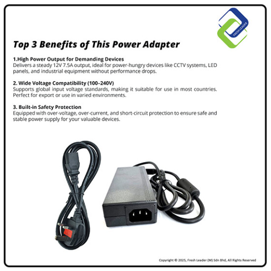 12V 7.5A AC Power Adapter with 4-Pin DIN Plug – Includes UK 3-Pin C13 Power Cord 