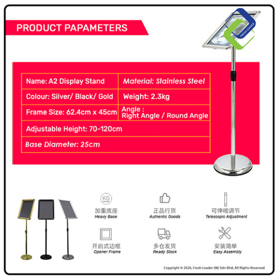 A2 Poster Display Stand (Silver/Black/Gold) – Stable Weighted Base