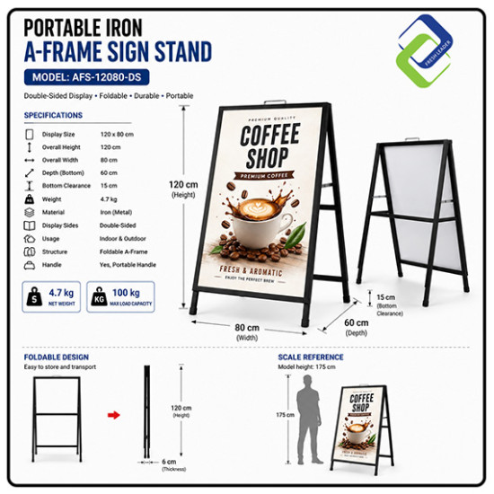 Portable Iron A-Frame Sign Stand 120x80cm for Business Promotion