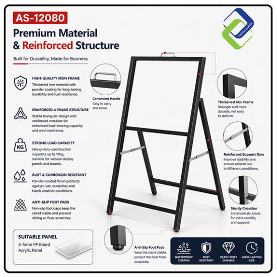 Portable Iron Single-Sided A-Frame Sign Stand 120x80cm for Business Promotion