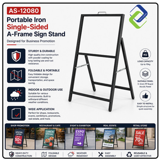 Portable Iron Single-Sided A-Frame Sign Stand 120x80cm for Business Promotion