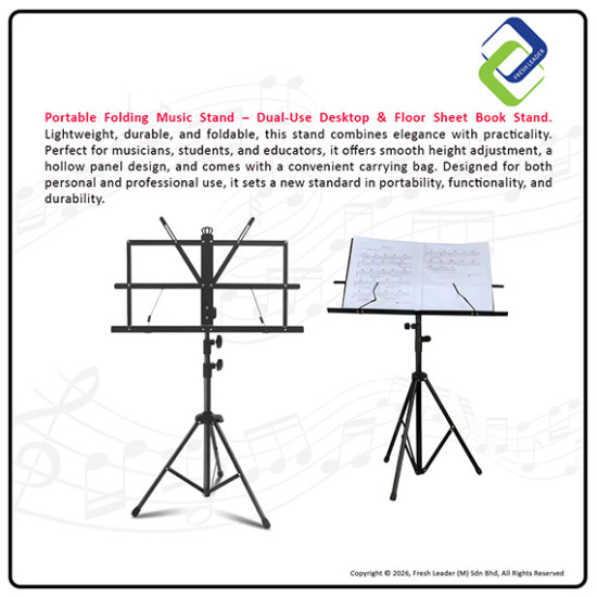 Portable Folding Music Stand Dual-Use – Desktop & Floor Sheet Book Stand with Clip Holder & Carry Bag