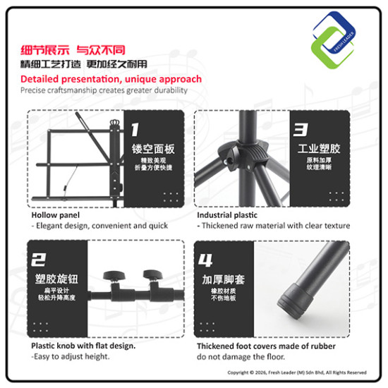 Portable Folding Music Stand Dual-Use – Desktop & Floor Sheet Book Stand with Clip Holder & Carry Bag