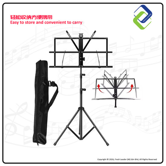 Portable Folding Music Stand Dual-Use – Desktop & Floor Sheet Book Stand with Clip Holder & Carry Bag