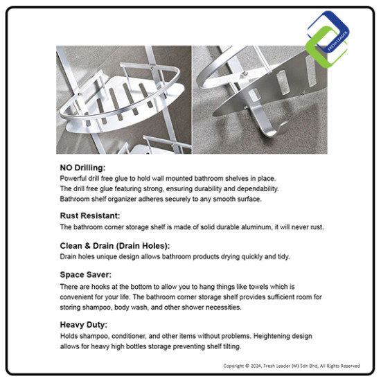 No Drill Aluminium Triangle Bathroom Shelf - 2-Tier Organizer No Drill Aluminium Triangle Bathroom Shelf - 2-Tier Organizer