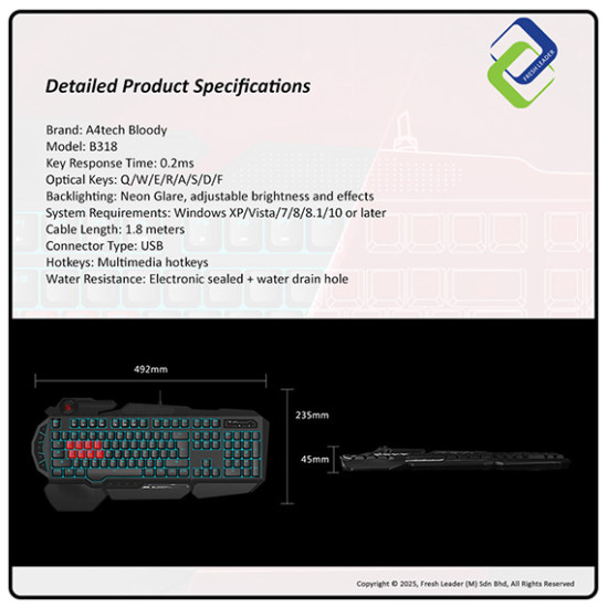 Bloody B318 Gaming Keyboard – Light Strike 8 Infrared Switch for Pro Gamers