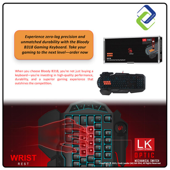 Bloody B318 Gaming Keyboard – Light Strike 8 Infrared Switch for Pro Gamers