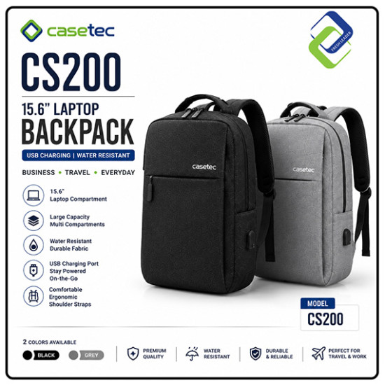 CASETEC CS200 15.6" Laptop Backpack USB Charging Waterproof Business Travel Bag