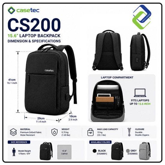 CASETEC CS200 15.6" Laptop Backpack USB Charging Waterproof Business Travel Bag