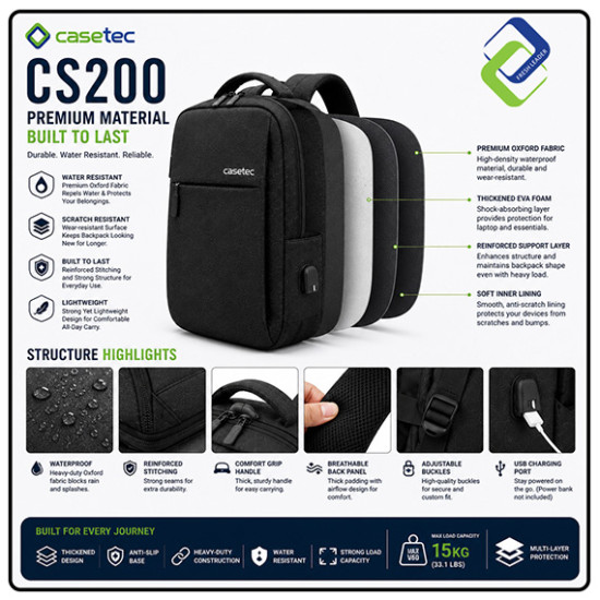 CASETEC CS200 15.6" Laptop Backpack USB Charging Waterproof Business Travel Bag