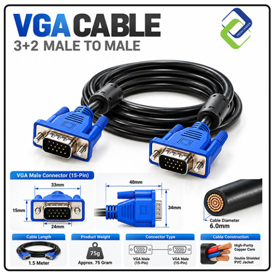 VGA Cable 3+2 Male to Male 1.5M – Reliable Video Transmission Cable