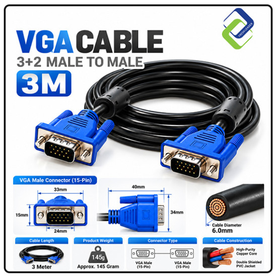 VGA Cable 3+2 Male to Male 3M – Reliable Video Cable