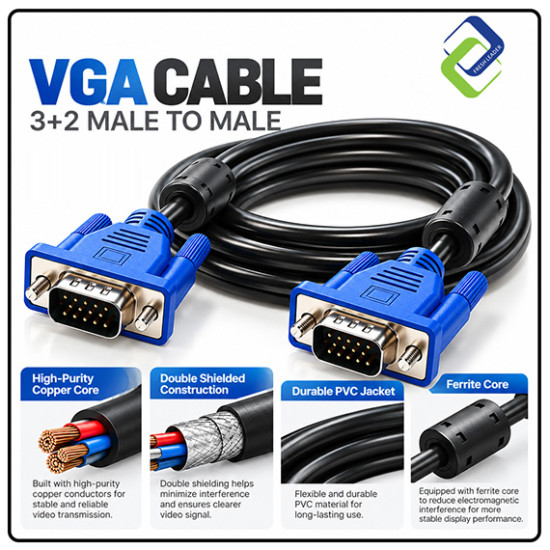 VGA Cable 3+2 Male to Male 3M – Reliable Video Cable