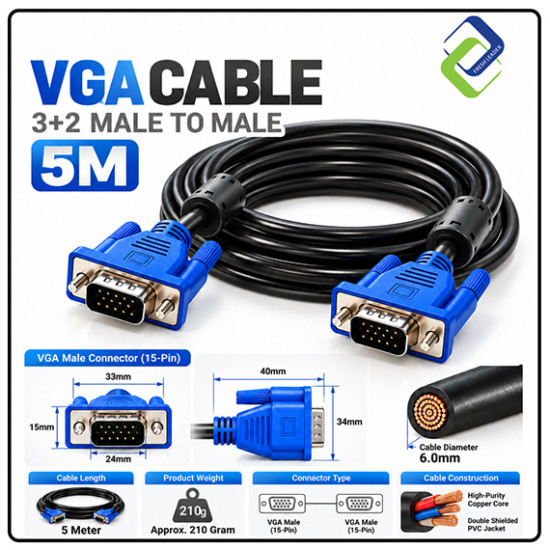VGA Cable 3+2 Male to Male 5M – Reliable Video Cable