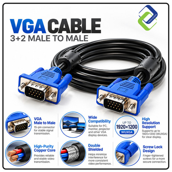 VGA Cable 3+2 Male to Male 5M – Reliable Video Cable