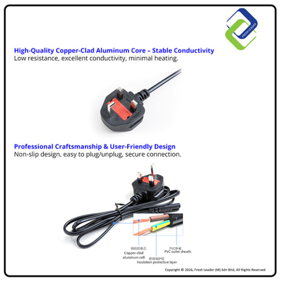UK 2-Pin C7 Power Cord 1.5m | Figure-8 Cable for TV & Monitor