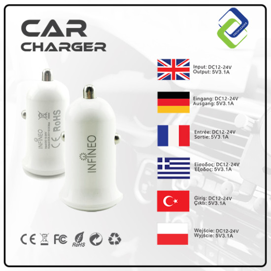 Infineo Car Charger 3.1A Dual Ports Infineo Car Charger 3.1A Dual Ports