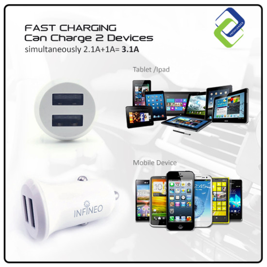 Infineo Car Charger 3.1A Dual Ports Infineo Car Charger 3.1A Dual Ports