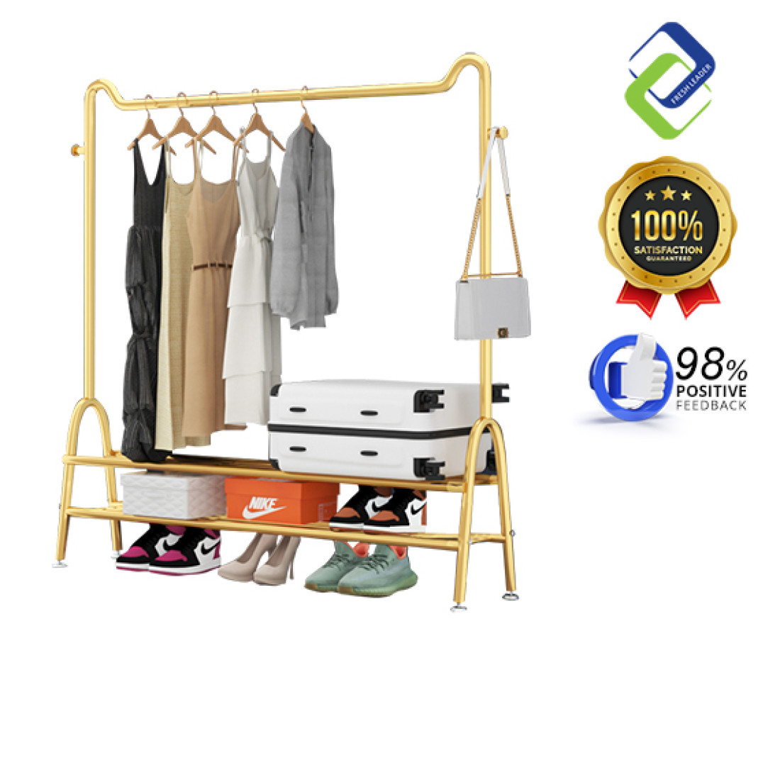 Double Layer Cloth Rack FreshLeader - Space-Saving Double Layer Clothes Rack - Gold (150x120x40cm)