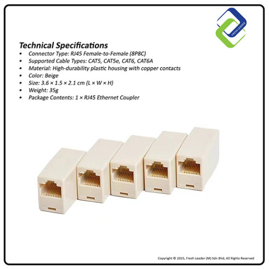 RJ45 Ethernet Coupler Female to Female – CAT5/CAT6 LAN Cable Connector 8P8C