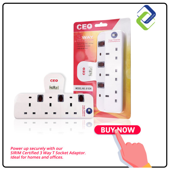 SIRIM Certified 3 Way T Socket Adaptor: Surge Protector & Neon Light for Secure Power SIRIM Certified 3 Way T Socket Adaptor: Surge Protector & Neon Light for Secure Power