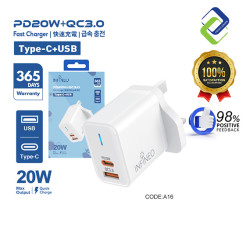 Infineo USB-C & USB-A Dual Port Fast Charger | 20W PD + QC 3.0 Quick Charge Plug with LED Indicator