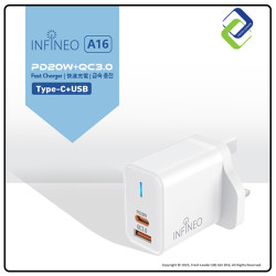 Infineo USB-C & USB-A Dual Port Fast Charger | 20W PD + QC 3.0 Quick Charge Plug with LED Indicator