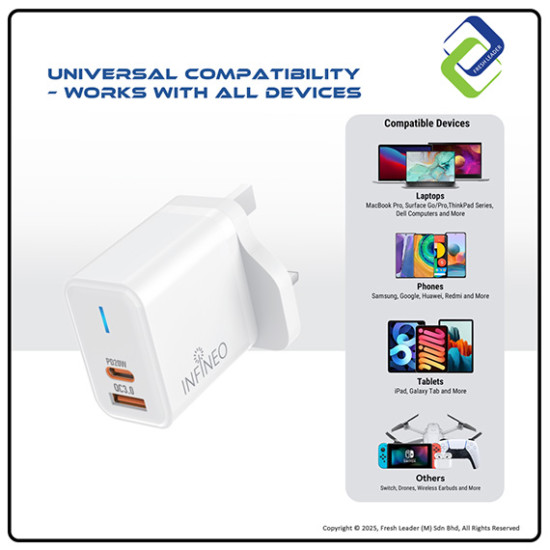 Infineo USB-C & USB-A Dual Port Fast Charger | 20W PD + QC 3.0 Quick Charge Plug with LED Indicator