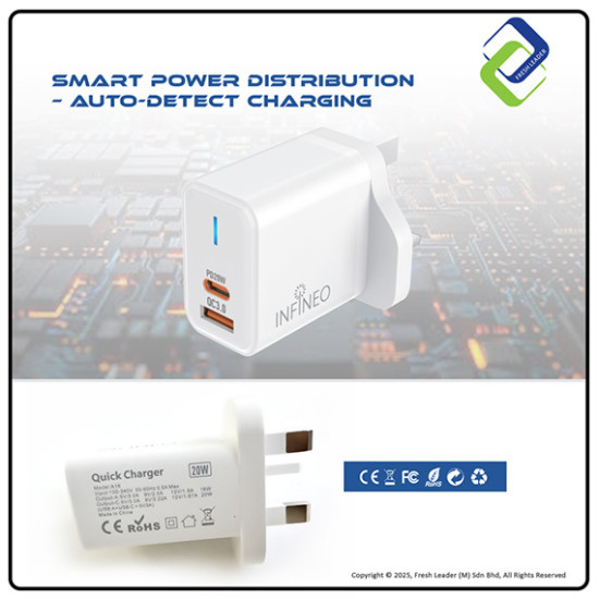 Infineo USB-C & USB-A Dual Port Fast Charger | 20W PD + QC 3.0 Quick Charge Plug with LED Indicator