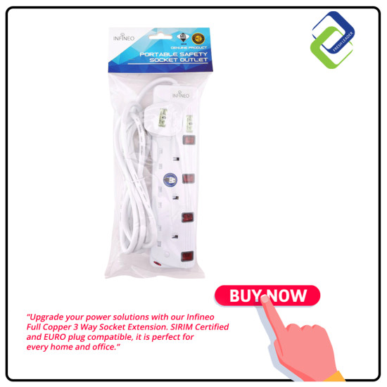 Infineo Full Copper 4 Way Socket Extension: SIRIM Certified | 5M Length