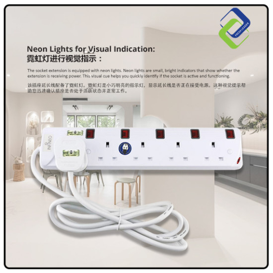 Infineo Full Copper 5 Way Socket Extension with Neon Light: SIRIM Certified (2M Length)