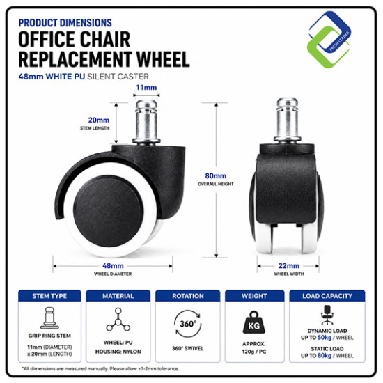 Office Chair Replacement Wheel 48mm White PU Silent Caster