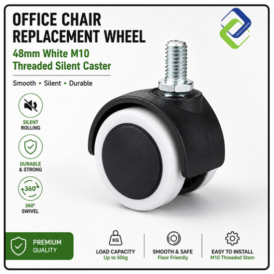 Office Chair Replacement Wheel 48mm White M10 Threaded Silent Caster