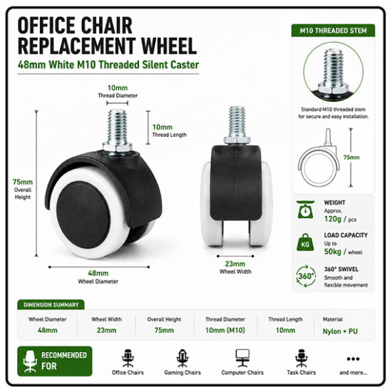 Office Chair Replacement Wheel 48mm White M10 Threaded Silent Caster