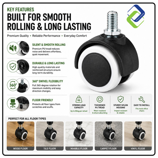 Office Chair Replacement Wheel 48mm White M10 Threaded Silent Caster