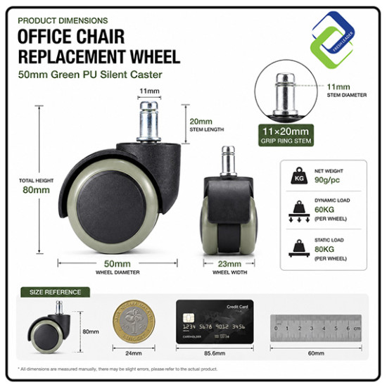 Office Chair Replacement Wheel 50mm Green PU Silent Caster