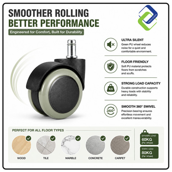 Office Chair Replacement Wheel 50mm Green PU Silent Caster