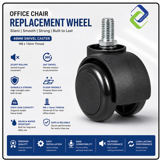 Office Chair Replacement Wheel M8 x 13mm | Silent 48mm Swivel Caster for Computer, Gaming, Executive & Study Chairs