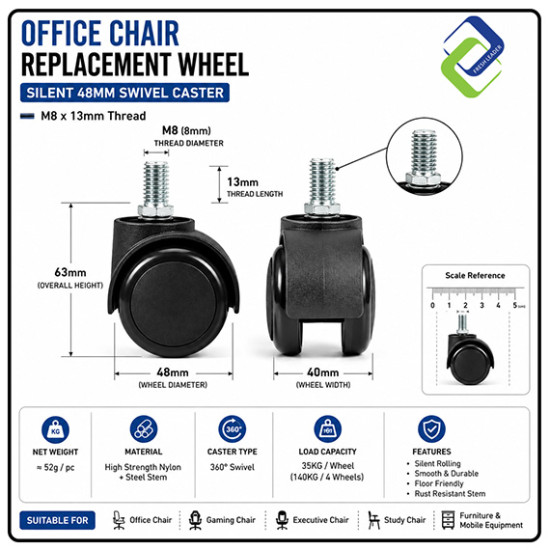 Office Chair Replacement Wheel M8 x 13mm | Silent 48mm Swivel Caster for Computer, Gaming, Executive & Study Chairs