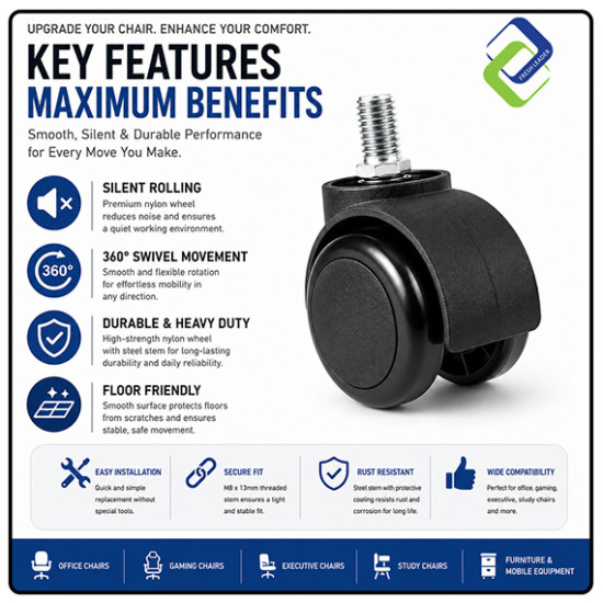 Office Chair Replacement Wheel M8 x 13mm | Silent 48mm Swivel Caster for Computer, Gaming, Executive & Study Chairs