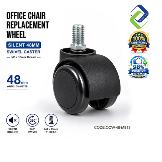Office Chair Replacement Wheel M8 x 13mm | Silent 48mm Swivel Caster for Computer, Gaming, Executive & Study Chairs