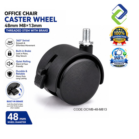 Office Chair Caster Wheel 48mm M8×13mm Threaded Stem with Brake