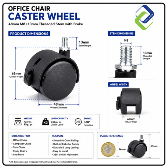 Office Chair Caster Wheel 48mm M8×13mm Threaded Stem with Brake