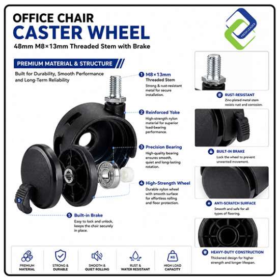 Office Chair Caster Wheel 48mm M8×13mm Threaded Stem with Brake